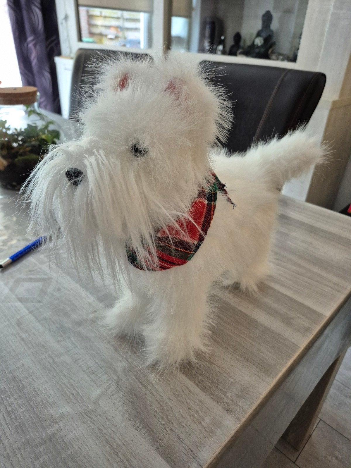 Westie decoratie hond met geruite sjaal highland, Ophalen of Verzenden, Zo goed als nieuw, Hond of Kat, Beeldje of Figuurtje