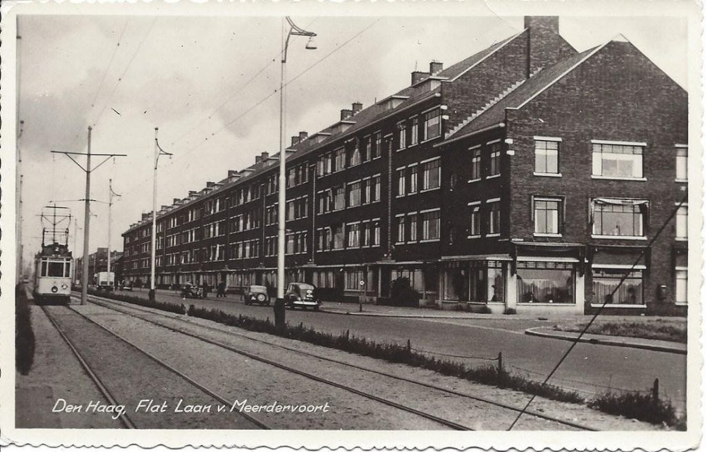 Den Haag, Flat Laan v. Meerdervoort, Tram Lijn 2, Auto's, Ophalen of Verzenden, 1940 tot 1960, Ongelopen, Zuid-Holland