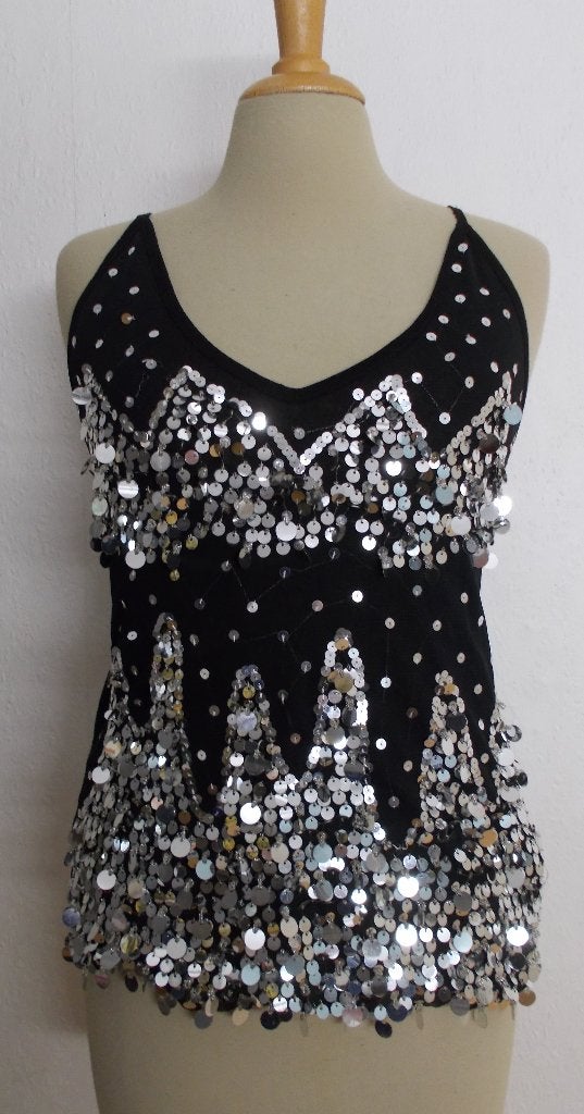 Zwart/zilver Ibiza/bohemian/glamour stretch top! L, Verzenden, Zwart, Maat 42/44 (L), Zo goed als nieuw
