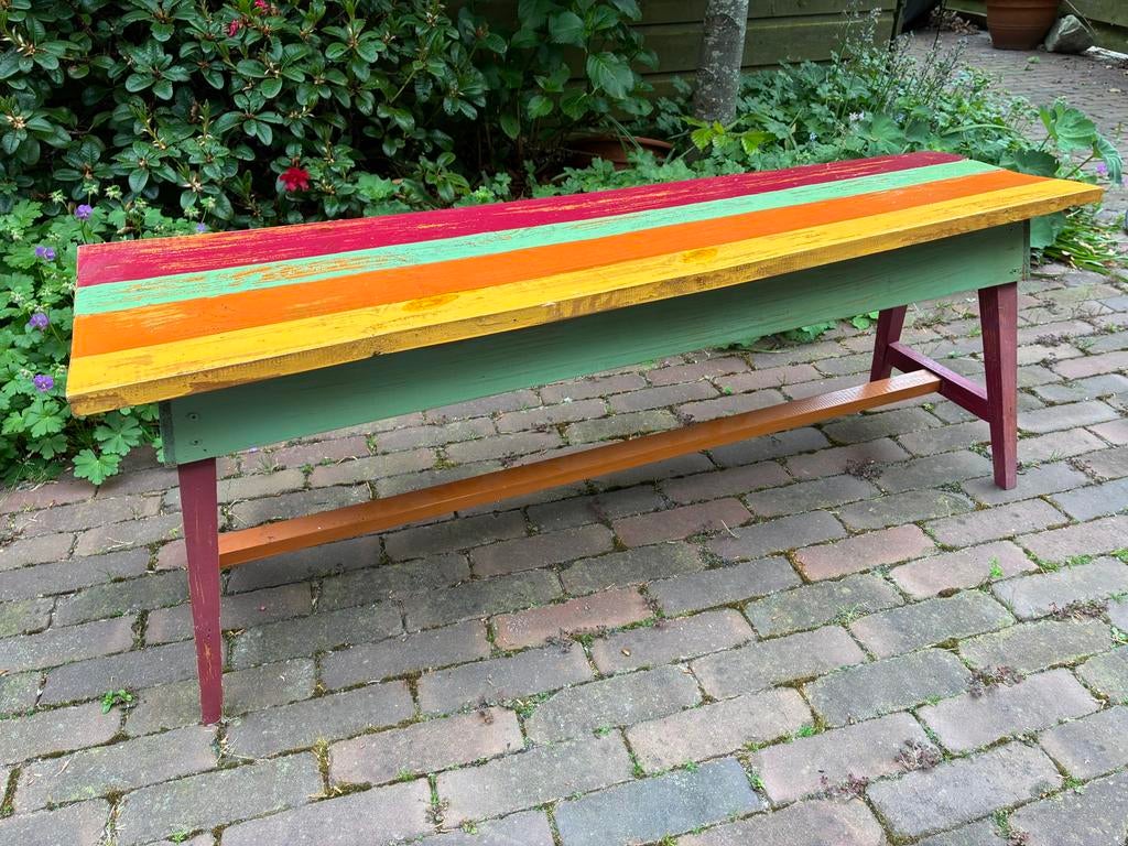 Kleurrijk houten bankje met karakter  - Nieuw, Huis en Inrichting, Ophalen, 100 tot 150 cm, Nieuw, 25 tot 50 cm