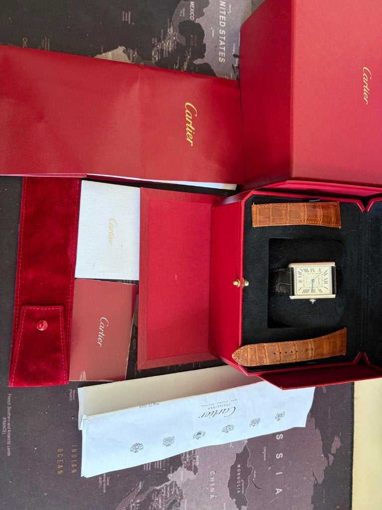 Cartier Tank Must Xl full set 2 original straps like new, Ophalen of Verzenden, Zo goed als nieuw, Leer, Overige merken