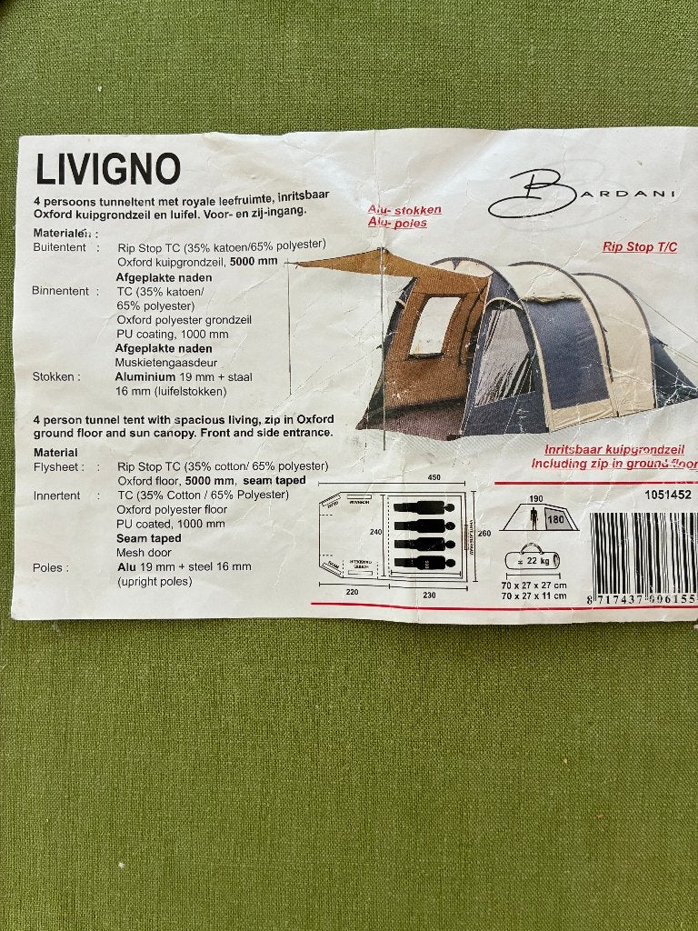 Bardani Livigno 4-persoons tent + grote tunnelverlenging, Ophalen, Gebruikt, Tot en met 4