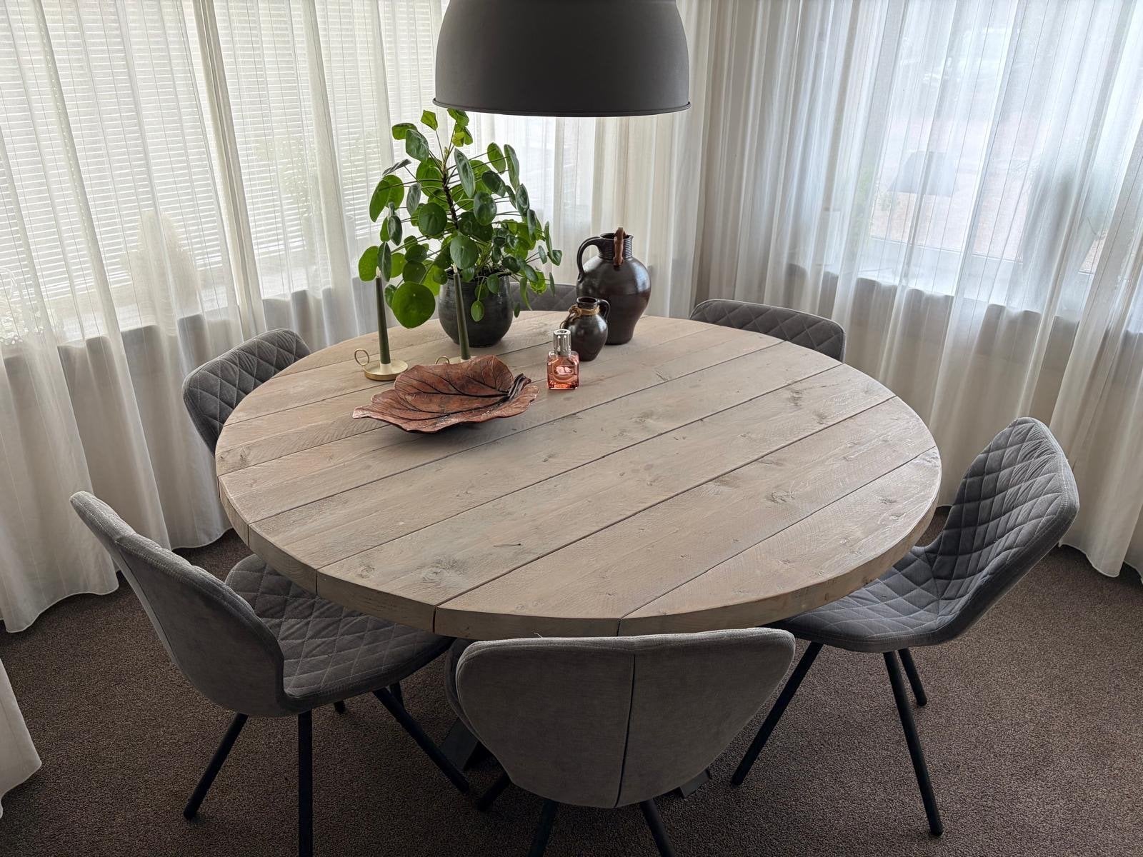 Ronde eettafel 150cm steigerhout met metalen onderstel, Huis en Inrichting, Tafels | Eettafels, Ophalen, 100 tot 150 cm, Rond
