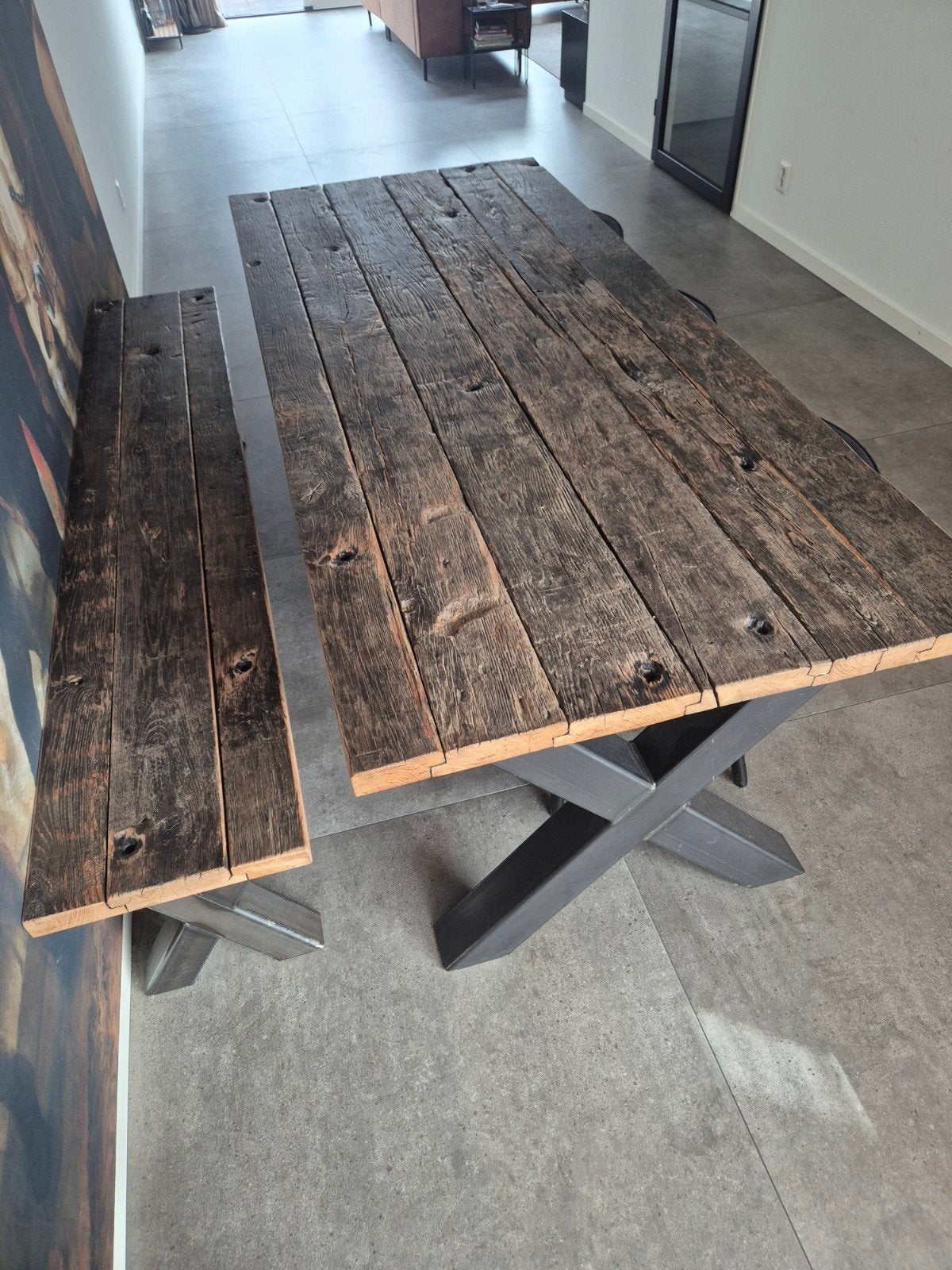 Robuuste eettafel met zitbank en 3 stoelen, Gebruikt, 100 tot 150 cm, 200 cm of meer, Vijf personen of meer