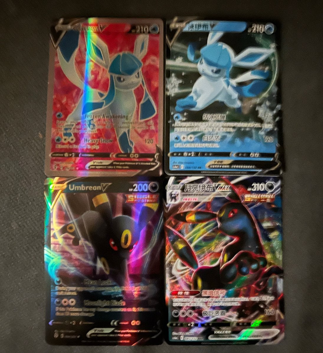 Pokémon Kaarten: Umbreon V, Umbreon VMAX, Glaceon V, Ophalen of Verzenden, Zo goed als nieuw, Meerdere kaarten, Foil