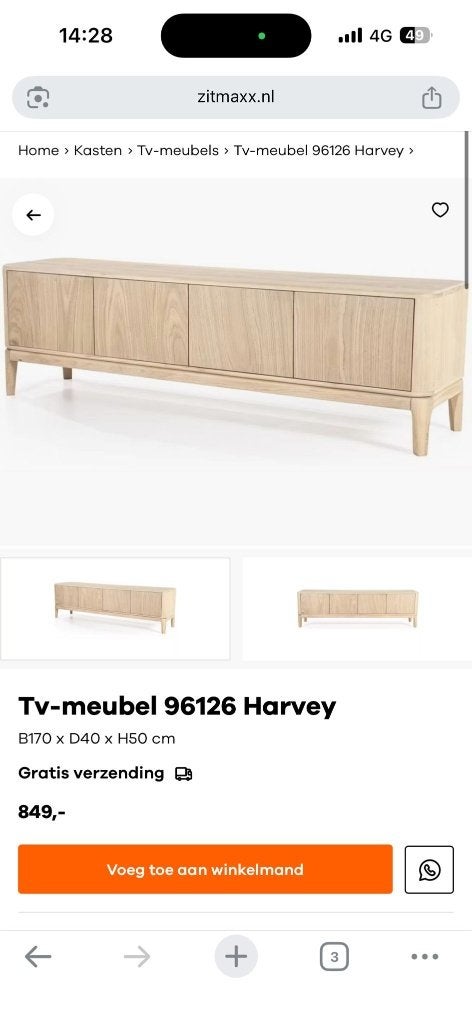 TV meubel Harvey, Ophalen, 150 tot 200 cm, Eikenhout, Zo goed als nieuw