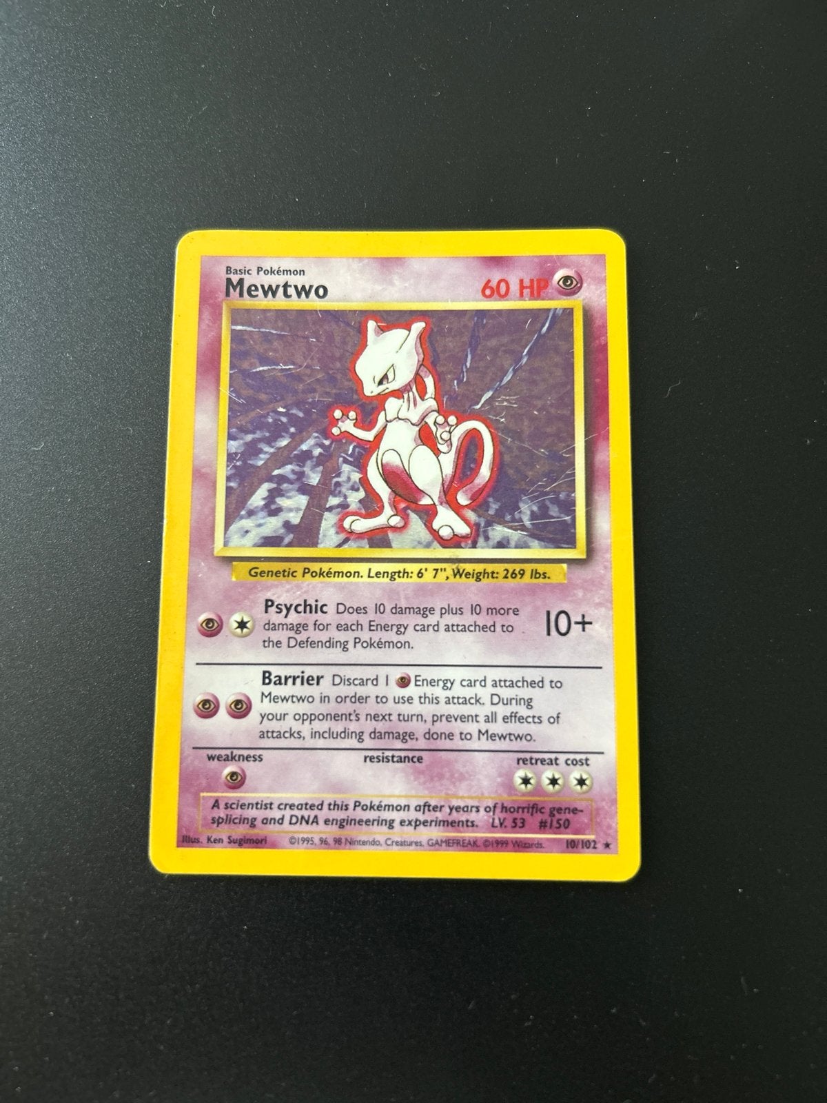 Mewtwo 10/102 Holo Rare - Base Set Pokémon Kaart, Ophalen of Verzenden, Gebruikt, Losse kaart, Foil