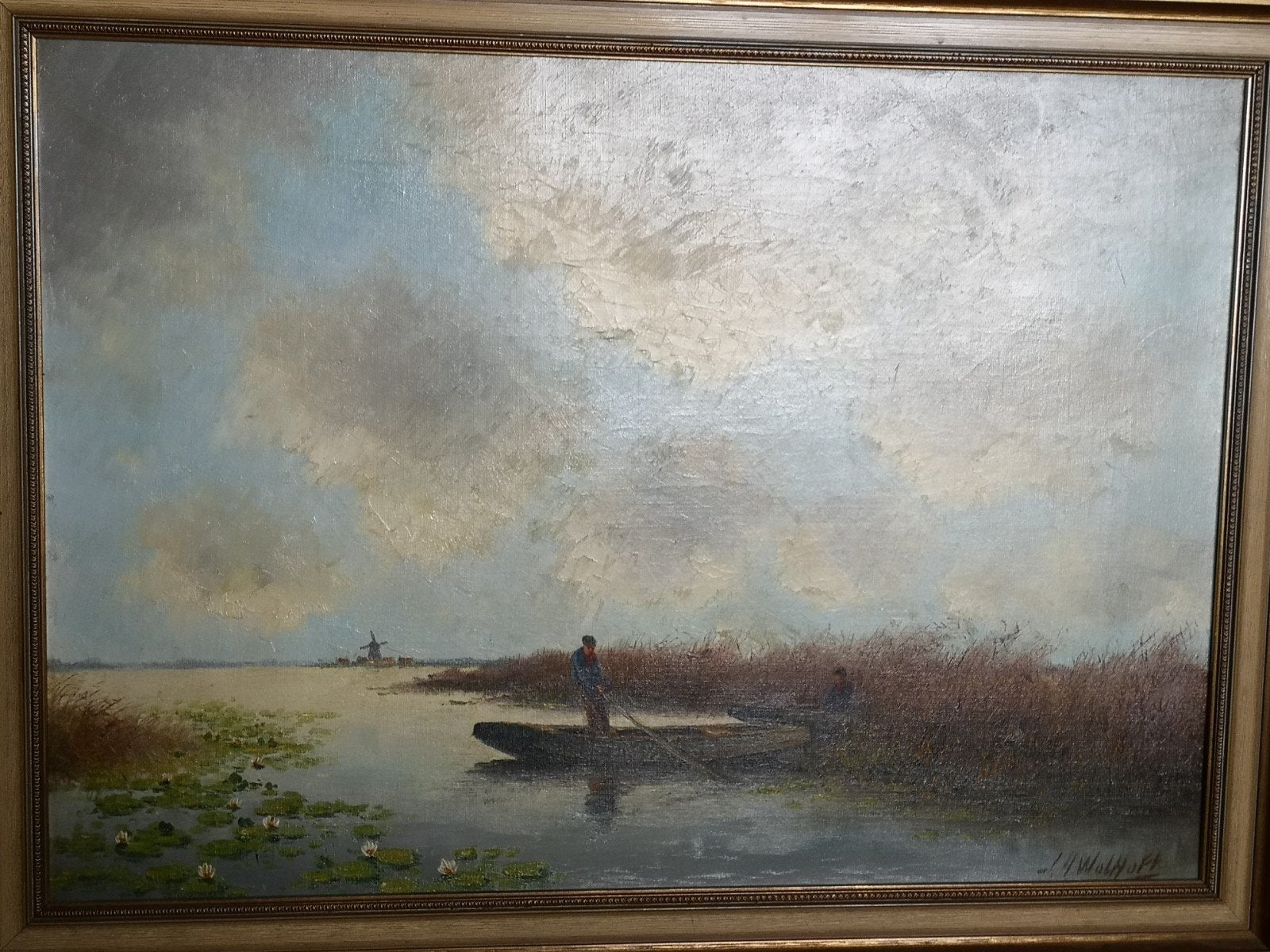Olieverfschilderij: Hollands Landschap met Vissers, Ophalen, Doek, Oud hollands, Landschap