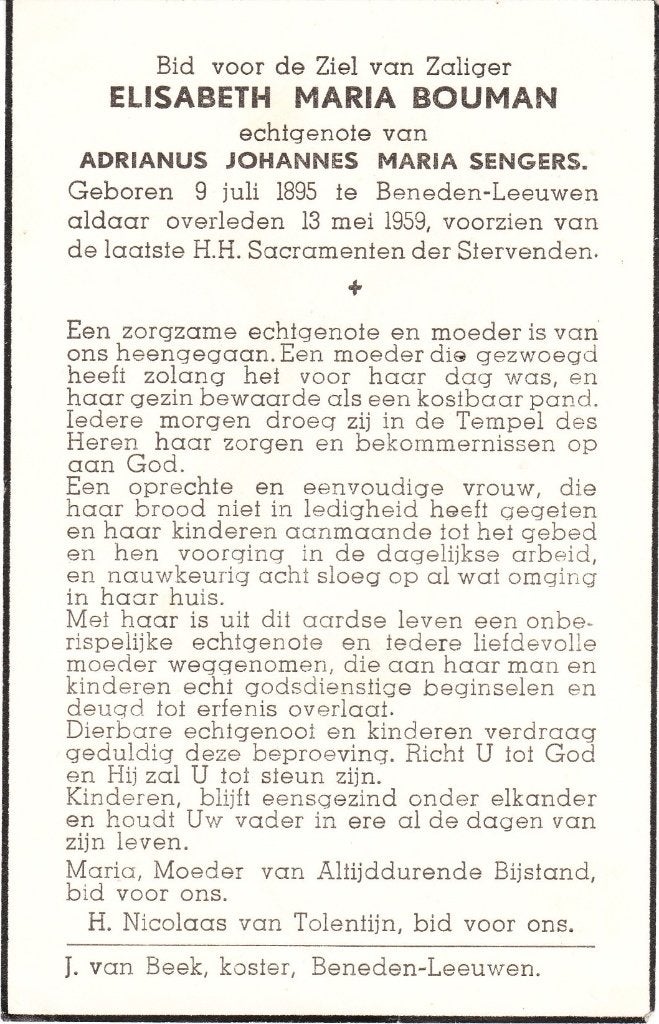 Beneden Leeuwen 1895 - 1959 Elisabeth Bouwman, Ophalen of Verzenden, Bidprentje