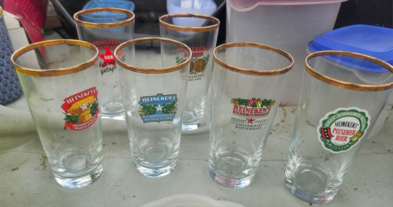 6 oude heineken glazen, Ophalen of Verzenden, Zo goed als nieuw, Bierglas