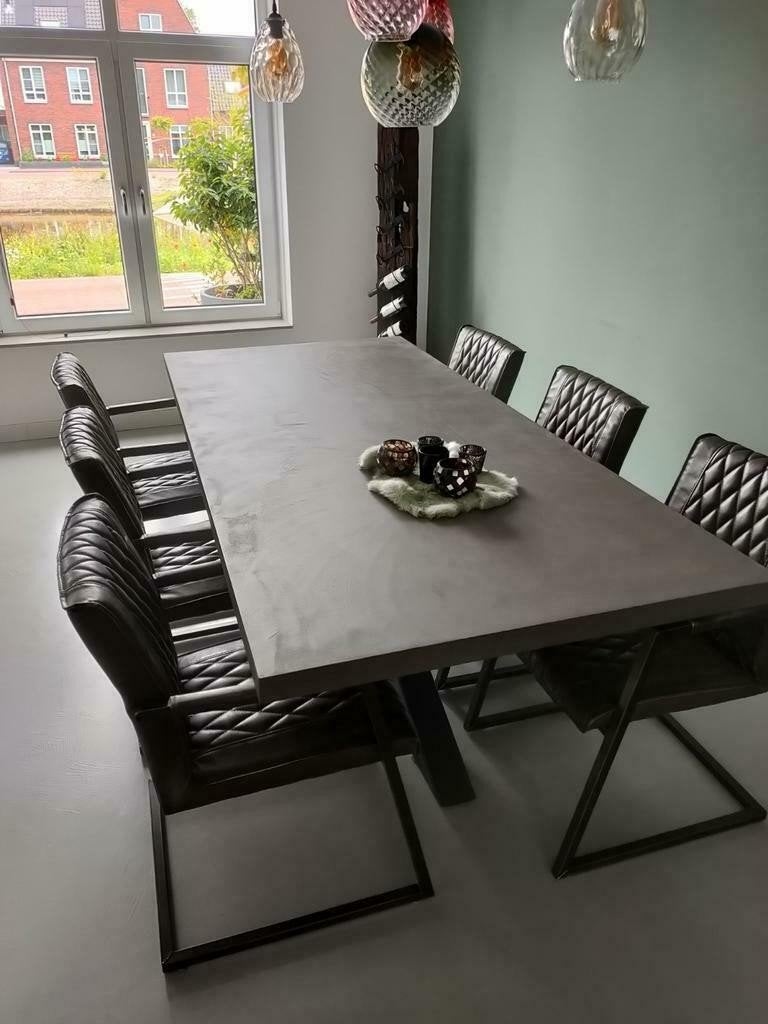 Beton-look eettafel (200x100) met 6 leather look stoelen, Gebruikt, 200 cm of meer, Kunststof, Vijf personen of meer