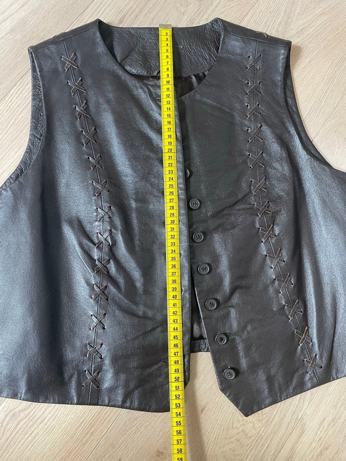 Donkerbruin Leren Gilet met Decoratieve Stiksels, Ophalen of Verzenden, Gedragen, Bruin