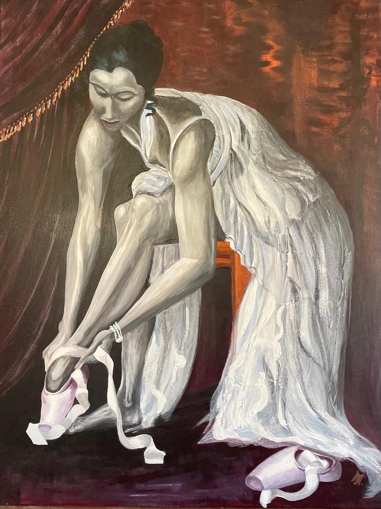 Schilderij: Ballerina strikt balletschoenen (80x120 cm), Antiek en Kunst, Ophalen of Verzenden