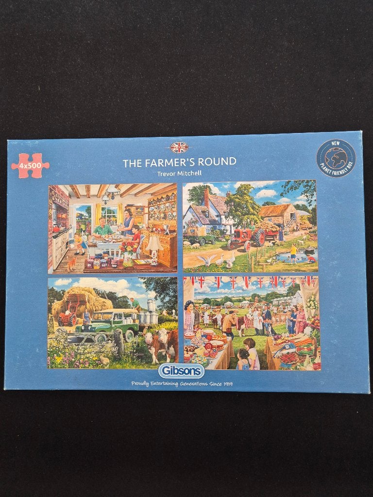 Gibsons legpuzzel The farmer's round 4x 500 stukjes, Ophalen of Verzenden, 500 t/m 1500 stukjes, Gebruikt, Legpuzzel