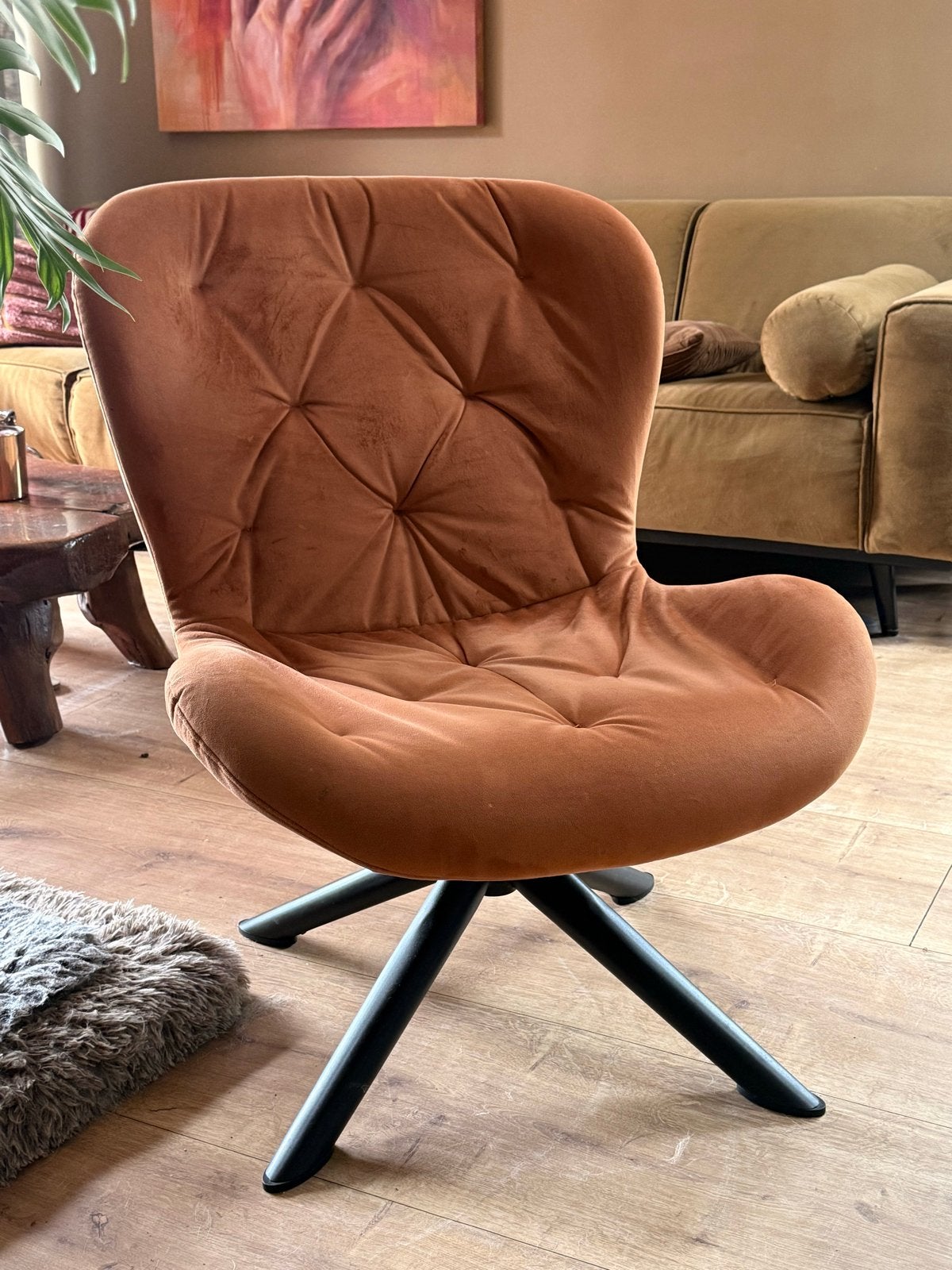 Oranje velvet draaistoel fauteuil met zwart onderstel, Ophalen, Gebruikt, Stof