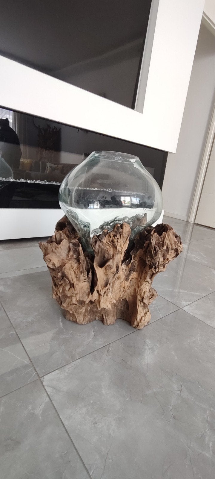 Unieke vaas van glas op drijfhout - Handgemaakt, Ophalen, Handgemaakt, Transparant, Glas