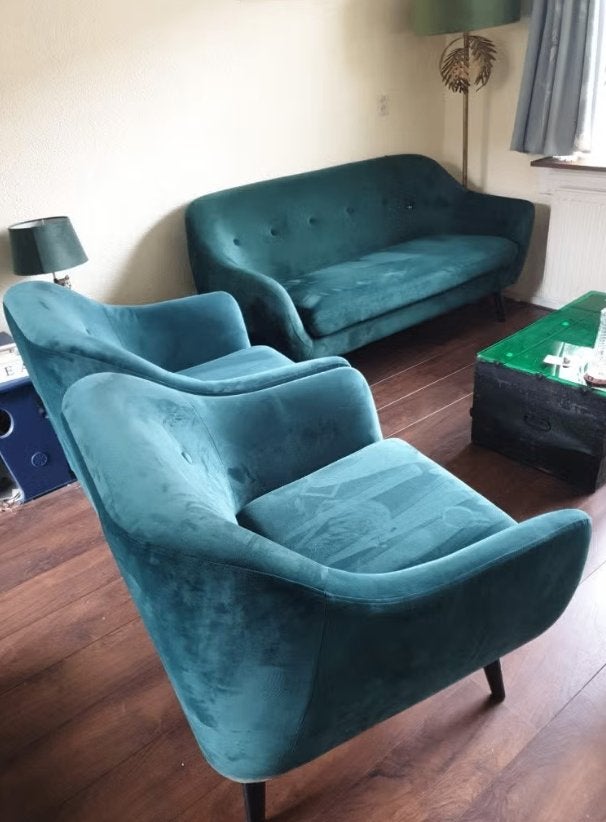 Velours bank + twee feauteuils in groen retro stijl, Huis en Inrichting, Banken | Bankstellen, Ophalen, 150 tot 200 cm, Tweepersoons