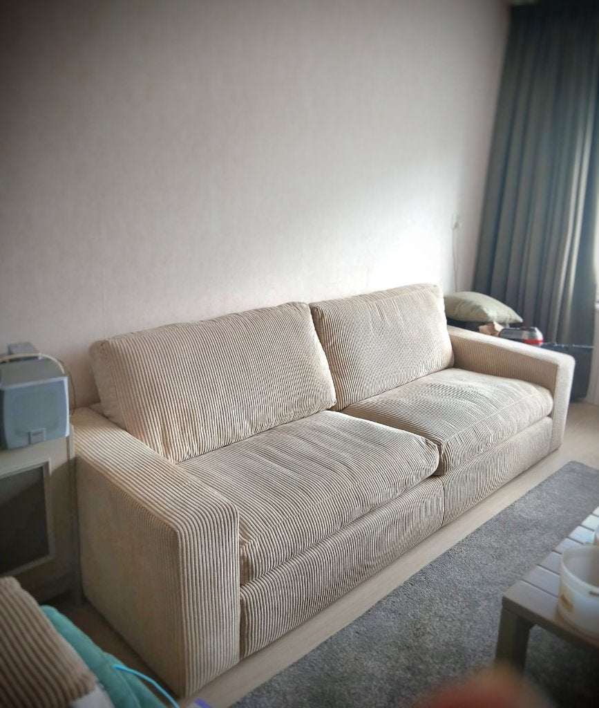 Loungebang (creme ribstof), Huis en Inrichting, Banken | Bankstellen, Ophalen, Gebruikt, 75 tot 100 cm, Rechte bank