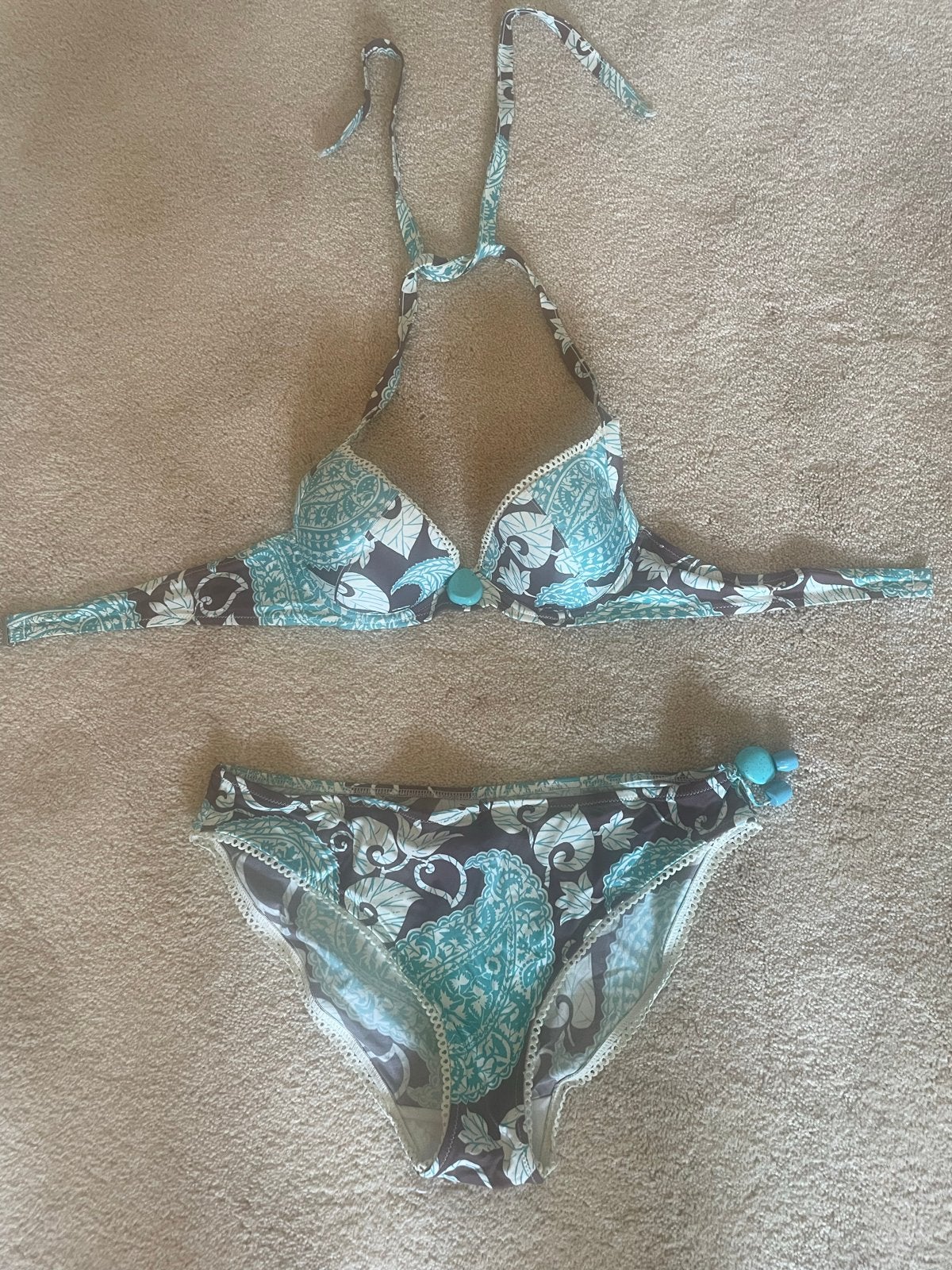 Aubade Bikini Blauw/Bruin/Wit - Maat 38/40, 75B, Kleding | Dames, Badmode en Zwemkleding, Ophalen of Verzenden, Zo goed als nieuw