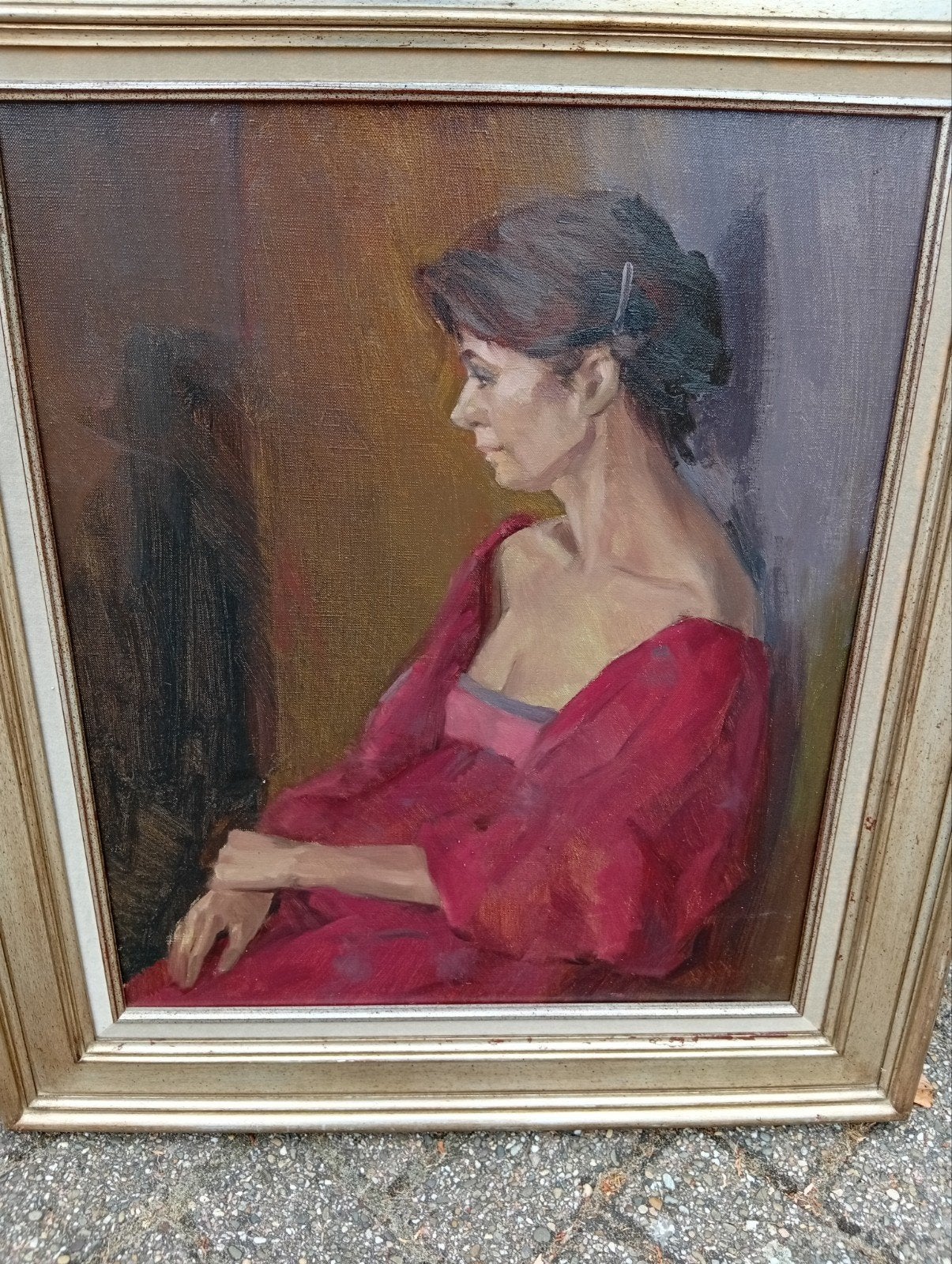 Vrouw in rode jurk, olieverfschilderij, Antiek en Kunst, Kunst | Schilderijen | Klassiek, Portret of Personen, Realistisch, Olieverf