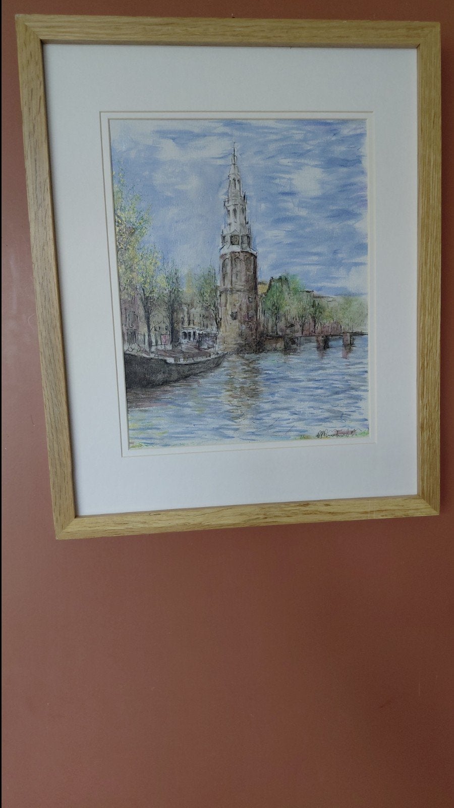 Kleurrijke tekening van Amsterdamse toren aan water, Ophalen of Verzenden