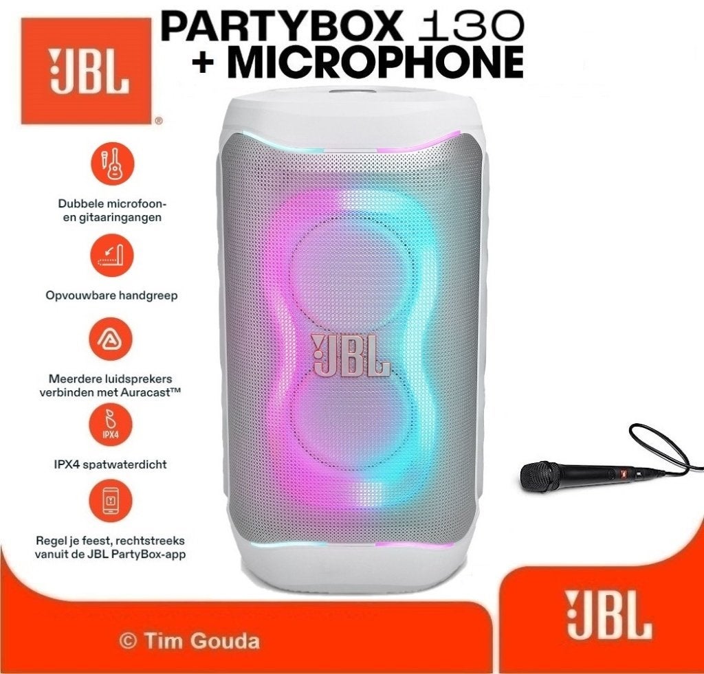 ✅ JBL Partybox 130 Wit + Microfoon - NIEUW, 150 watt of meer, JBL, Overige typen, Nieuw
