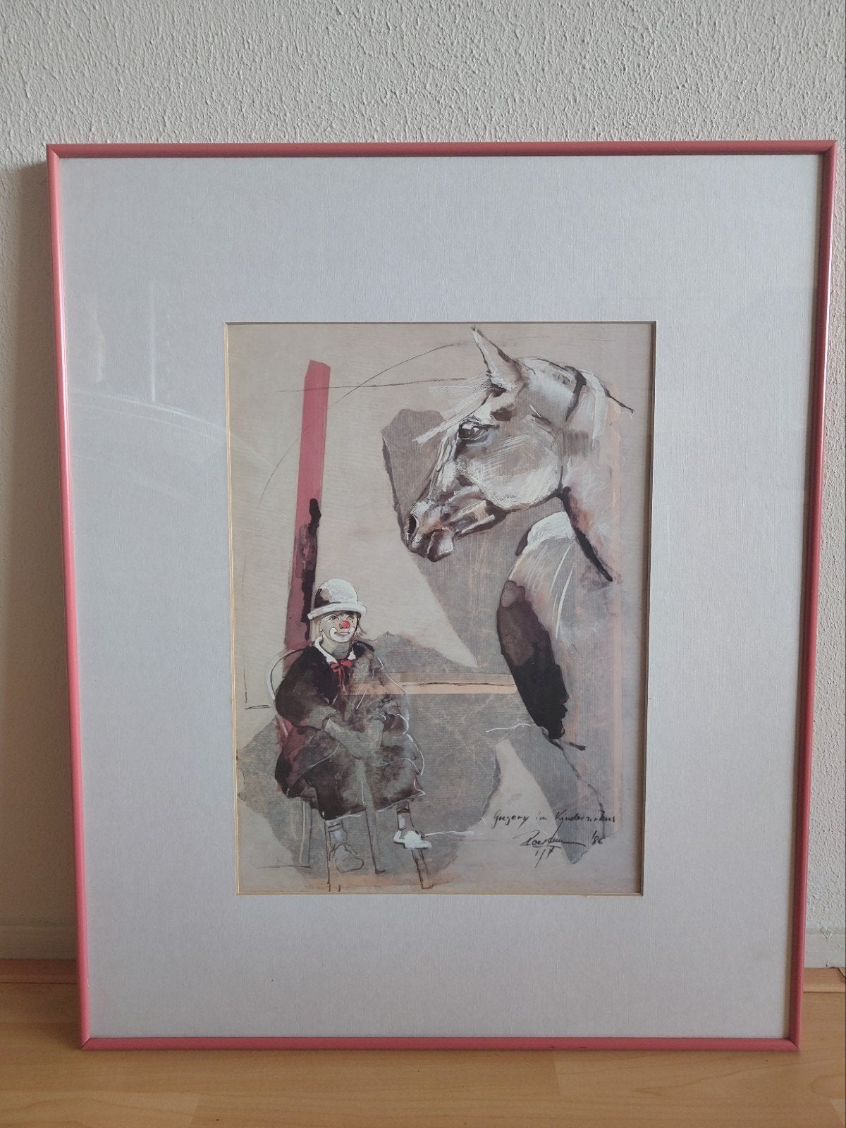 Ingelijste kunstdruk Rolf Knie - Clown met paard, Antiek en Kunst, Ophalen, Print, Print/reproductie, Achter glas