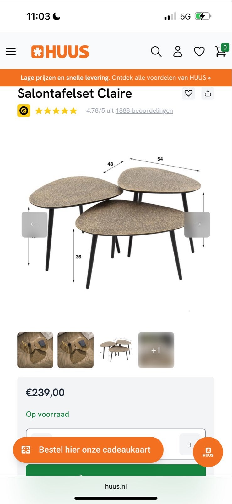 Salontafelset Claire van HUUS - Zo goed als nieuw, Ophalen, 50 tot 100 cm, Zo goed als nieuw, Metaal
