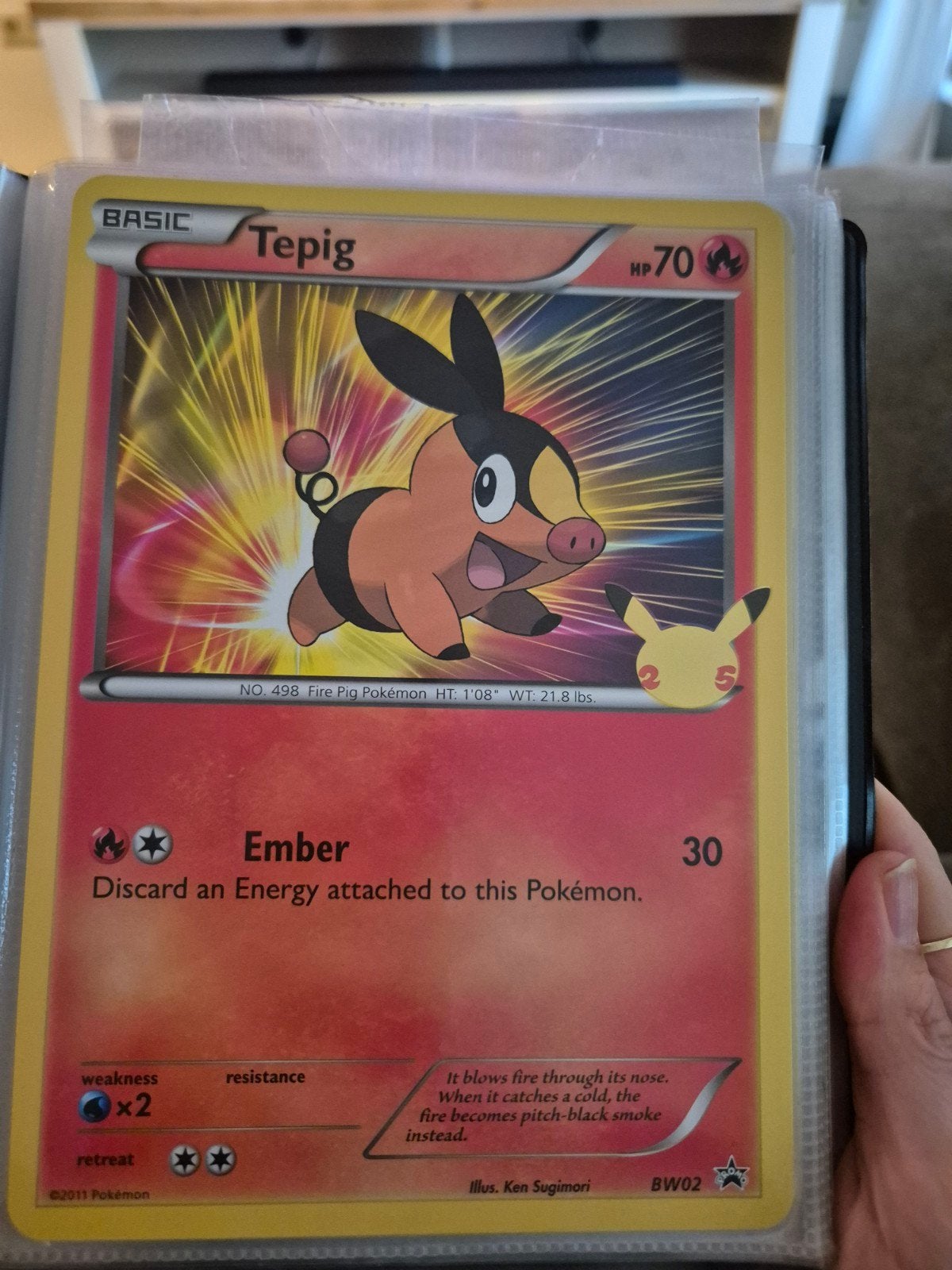 Pokémon Kaart: Tepig BW02 (Oversized), Ophalen of Verzenden, Zo goed als nieuw, Losse kaart