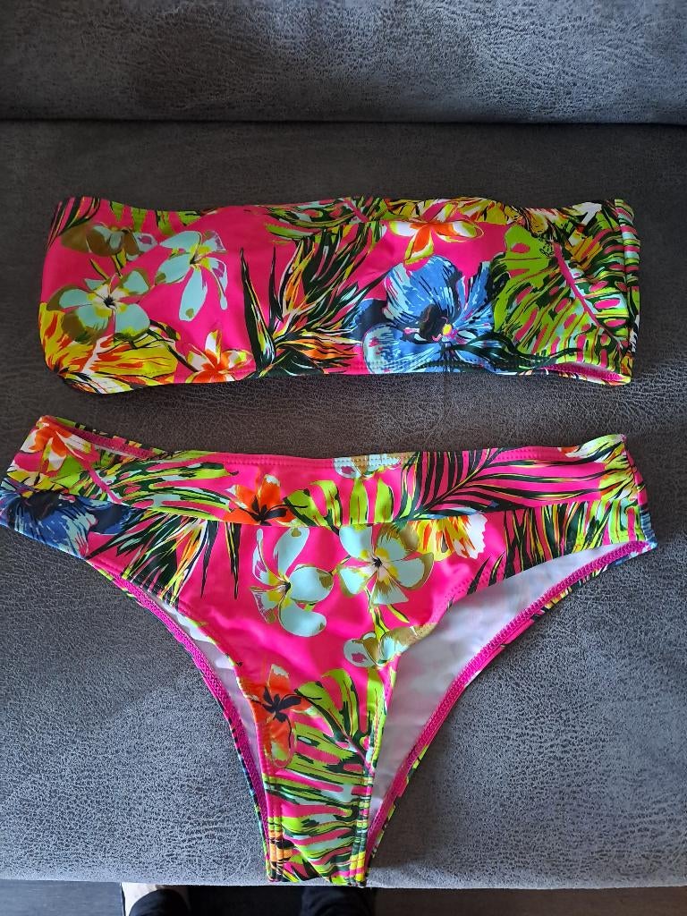 Tropical print bandeau bikini maat L, Ophalen of Verzenden, Nieuw, Roze, Bikini