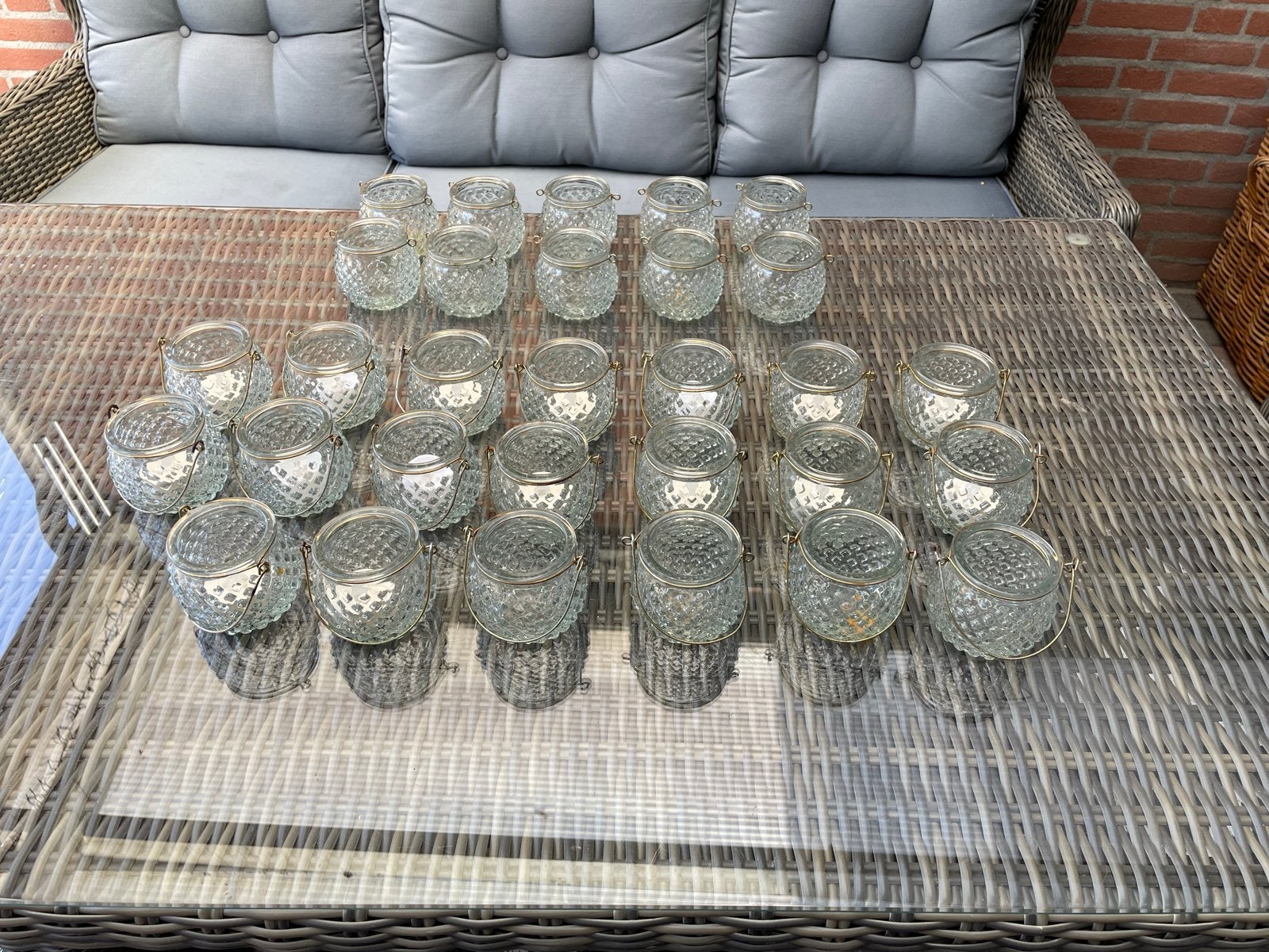 Set van 30 glazen waxinelichthouders met hengsel, Ophalen, Gebruikt, Glas, Waxinelichthouder