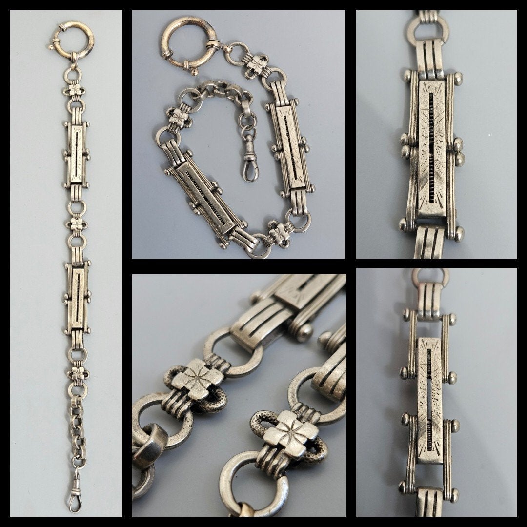 Antiek zakhorloge horlogeketting,  veersysteem in schakel, Sieraden, Tassen en Uiterlijk, Antieke sieraden, Ophalen of Verzenden
