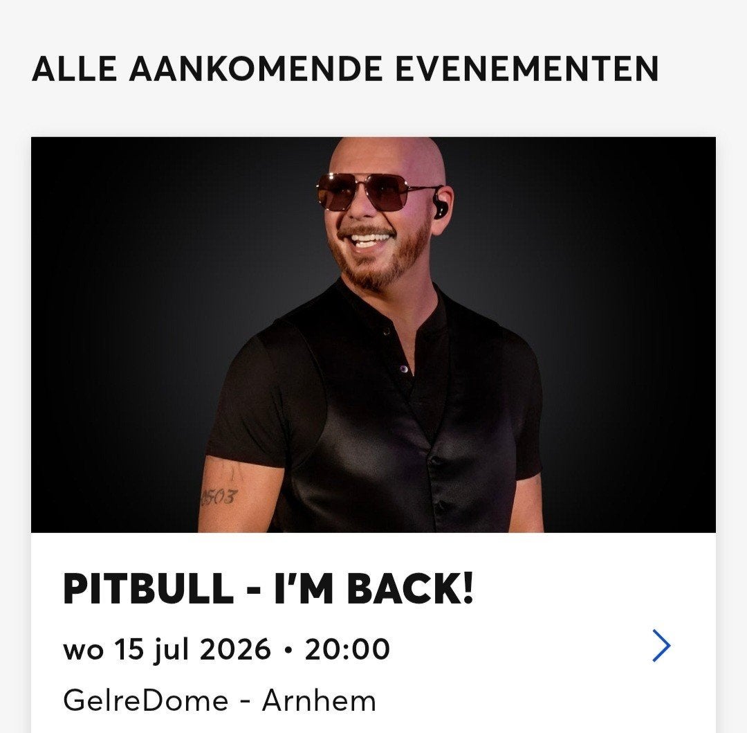 2 kaartjes voor Pitbull 15 juli 2026, Tickets en Kaartjes, Twee personen, Juli