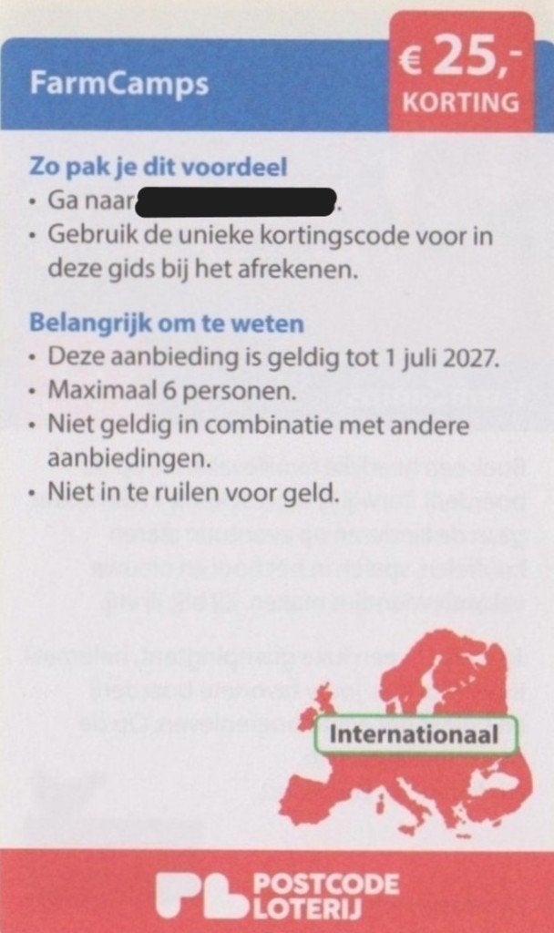 FarmCamps. € 25,- korting. Postcodeloterij kortingsbon., Tickets en Kaartjes, Kortingen en Cadeaubonnen, Drie personen of meer