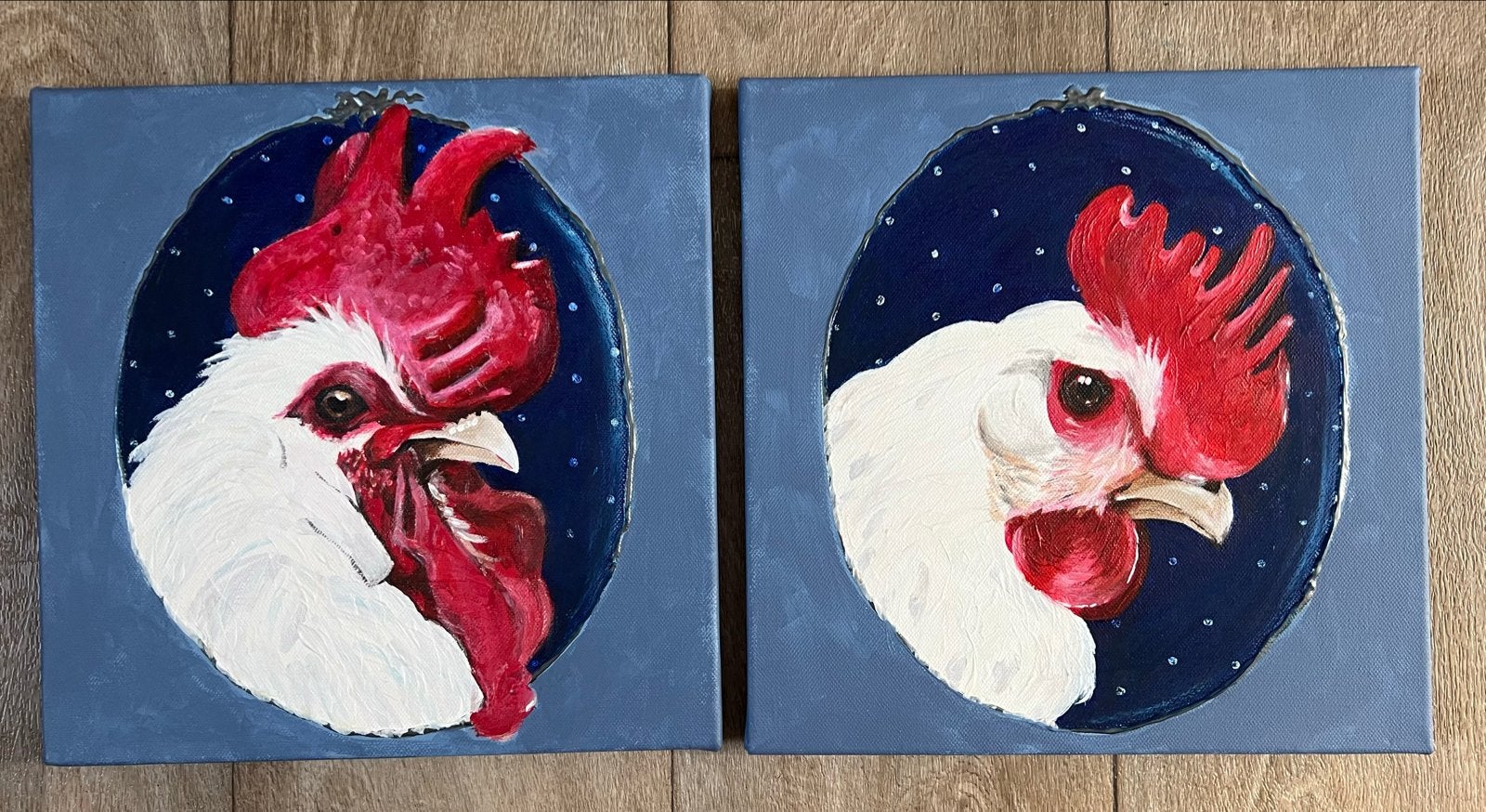 Set van 2: Haan en Kip Schilderijen - Acryl op Doek, Acrylverf, Doek, Realistisch, Dieren