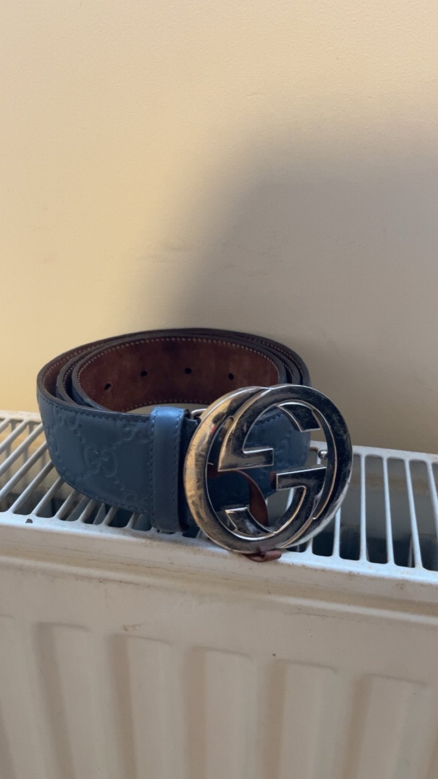 Gucci riem met GG-logo gesp - Blauw leer, Kleding | Dames, Overige kleuren, 3 tot 5 cm, Echt leder, 90 tot 100 cm
