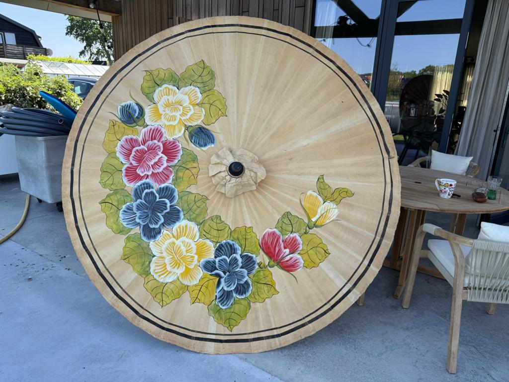 Aziatische handbeschilderde decoratieve parasol, dia.195cm, Ophalen, Gebruikt, 1 tot 2 meter, Stokparasol