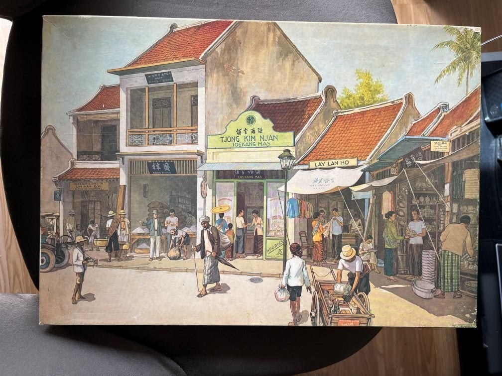 Vintage 1000-stukjes legpuzzel Indonesië - Straat met toko's, Hobby en Vrije tijd, Ophalen of Verzenden, 500 t/m 1500 stukjes