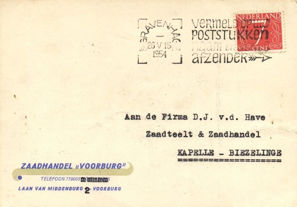Zaadhandel Voorburg, Voorburg - 05.1954 - briefkaart, Ophalen of Verzenden, Briefkaart