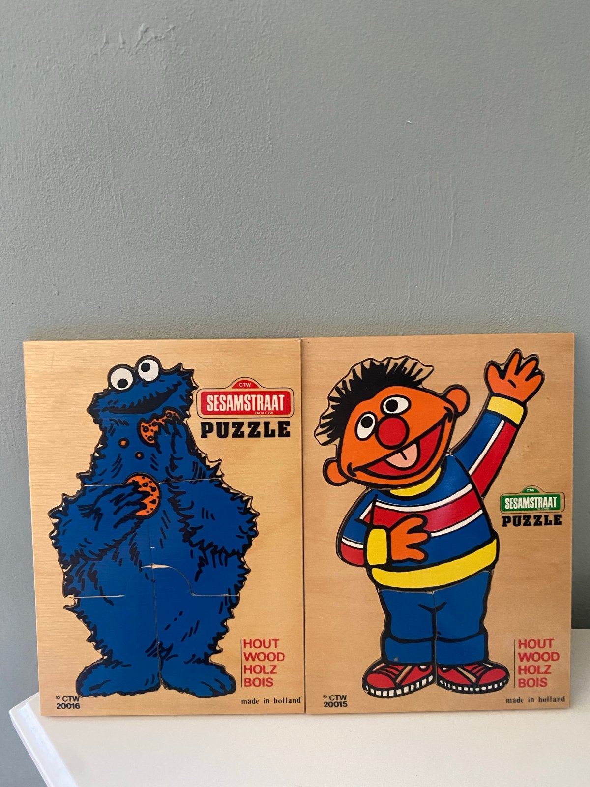 Houten Sesamstraat Puzzels: Koekiemonster & Bert, 2 tot 4 jaar, Gebruikt, Ophalen of Verzenden, Van hout