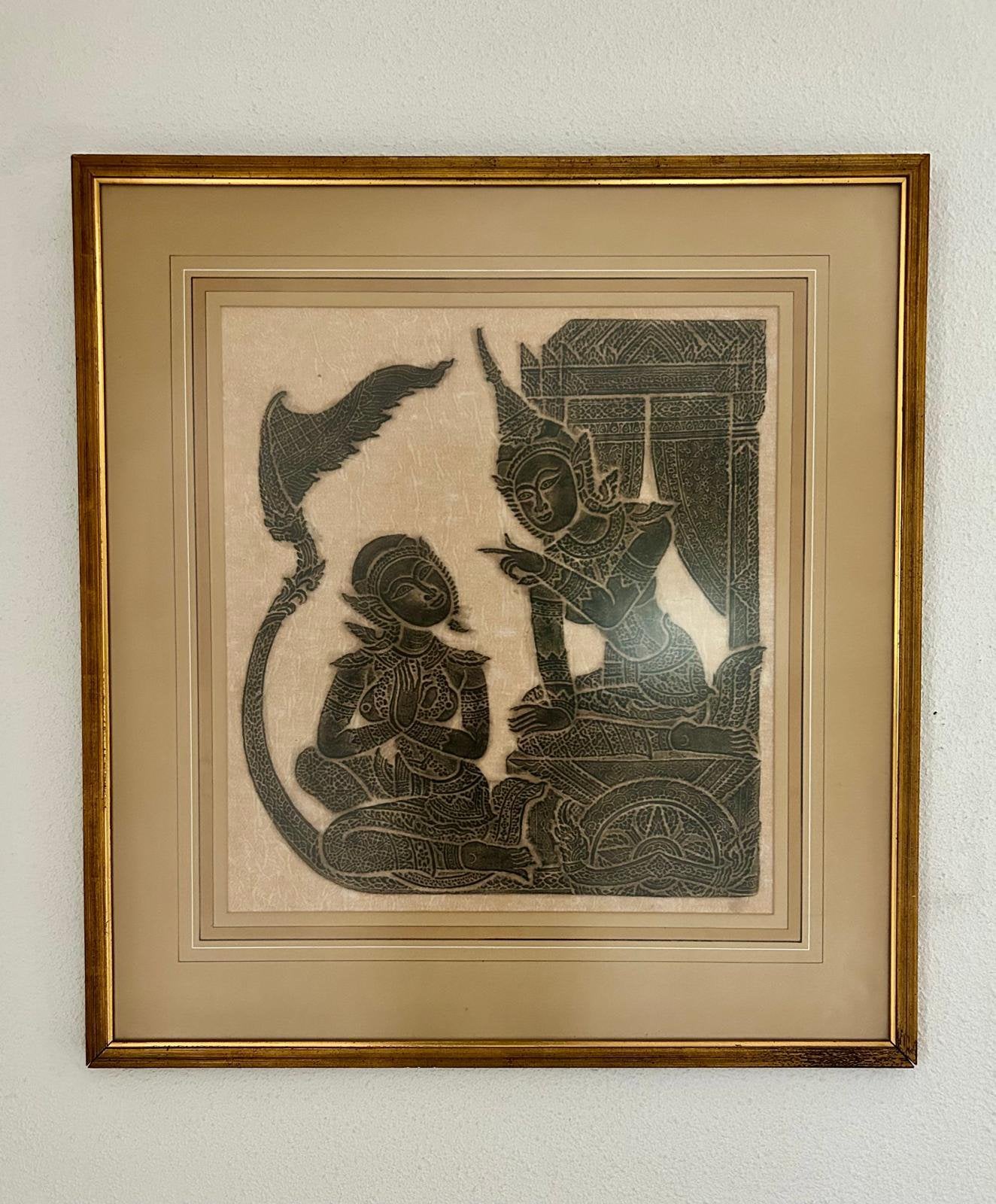 Vintage Thaise Wrijfkunst Ramekin Scène Ramayana origineel, Antiek en Kunst, Origineel, Ophalen of Verzenden