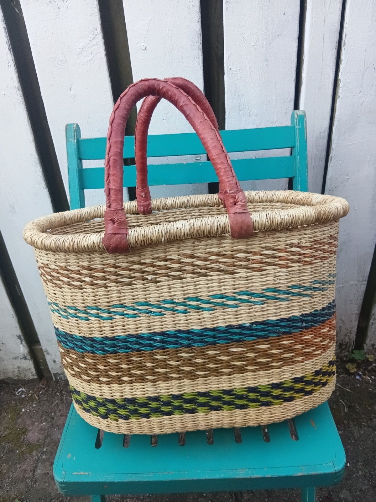 Ghana Shopper Bolgatanga lederen handvatten oersterk, Ophalen of Verzenden, Nieuw, Ovaal, Overige materialen