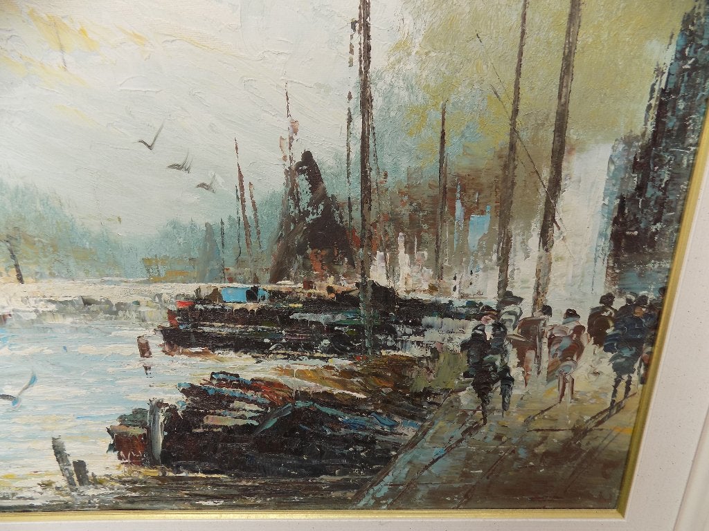 Schilderij Amsterdams havengezicht ingelijst, Ophalen, Gebruikt