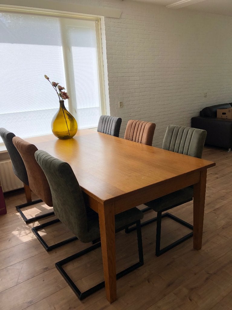 Eettafel massief hout met zes lades, Huis en Inrichting, Tafels | Eettafels, Ophalen, Gebruikt, 200 cm of meer, 50 tot 100 cm