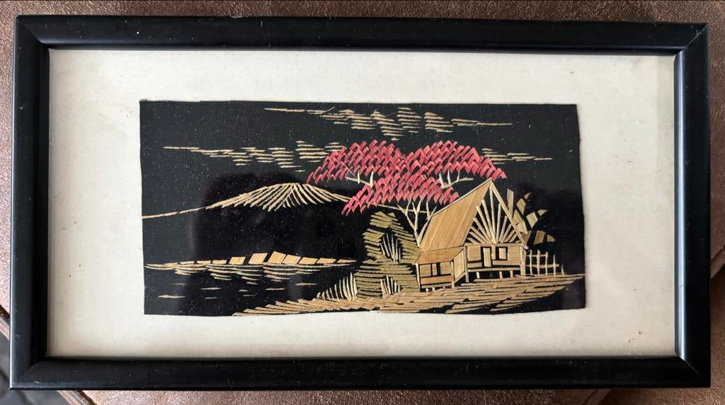 Ingelijste rietkunst: Aziatisch landschap, Ophalen of Verzenden