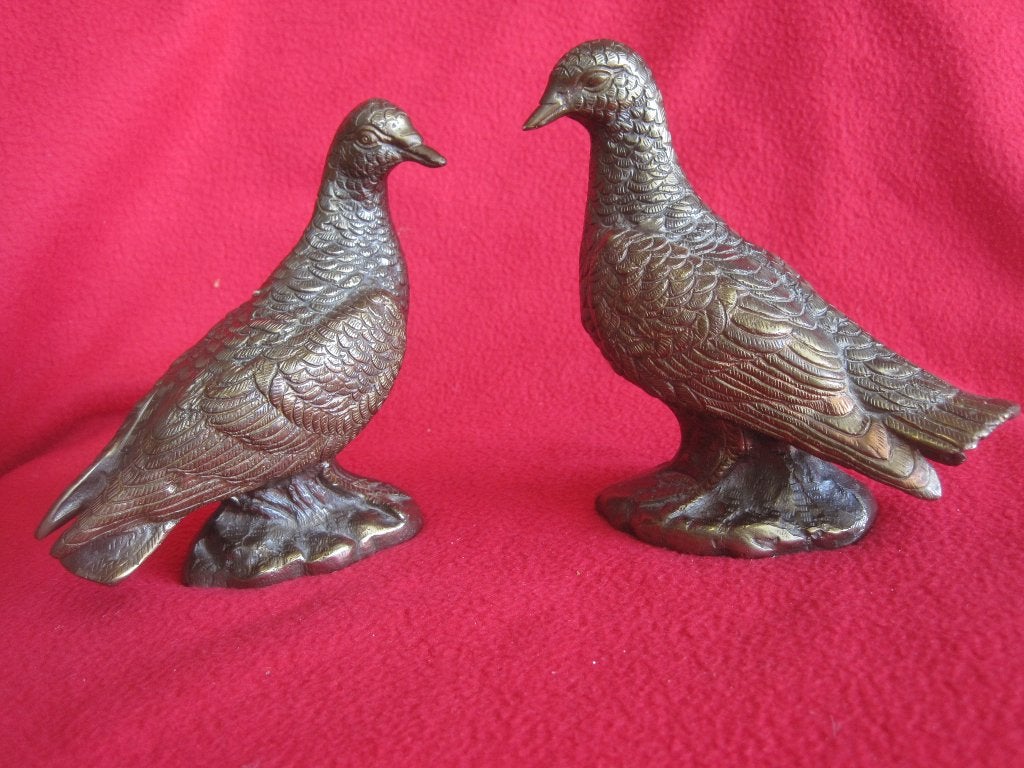 2 bronzen tortelduiven beeld, Handgemaakt, Minder dan 20 cm, Ophalen of Verzenden, Brons