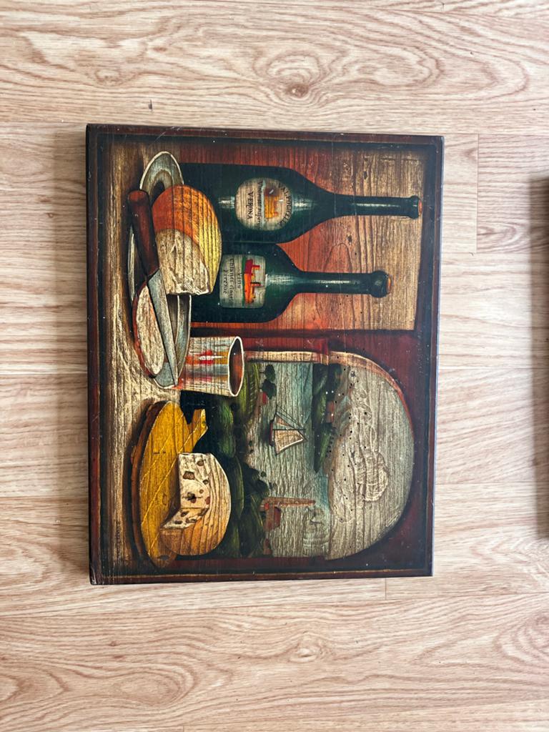 Vintage Houten Wanddecoratie: Wijn, Kaas & Landschap, Ophalen