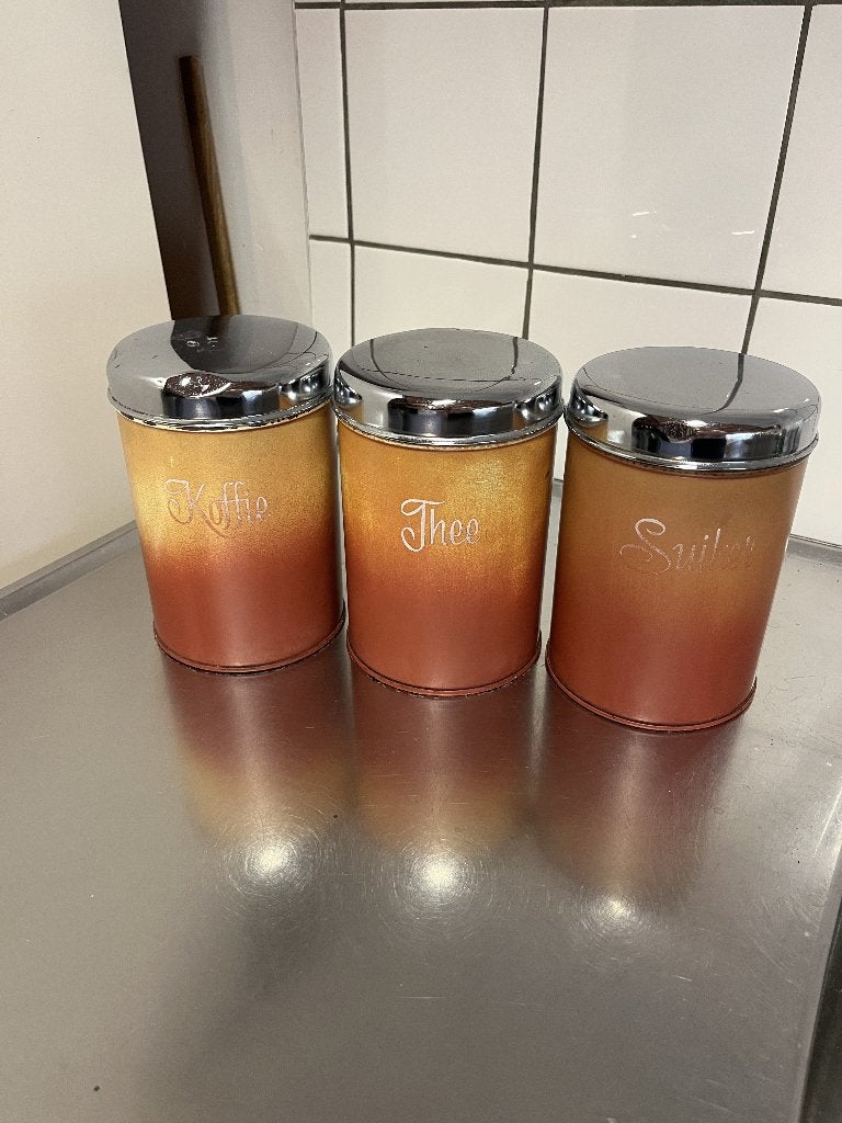 Vintage voorraadbussen koffie thee en suiker, Gebruikt, Ophalen of Verzenden, Voorraadpot, Metaal