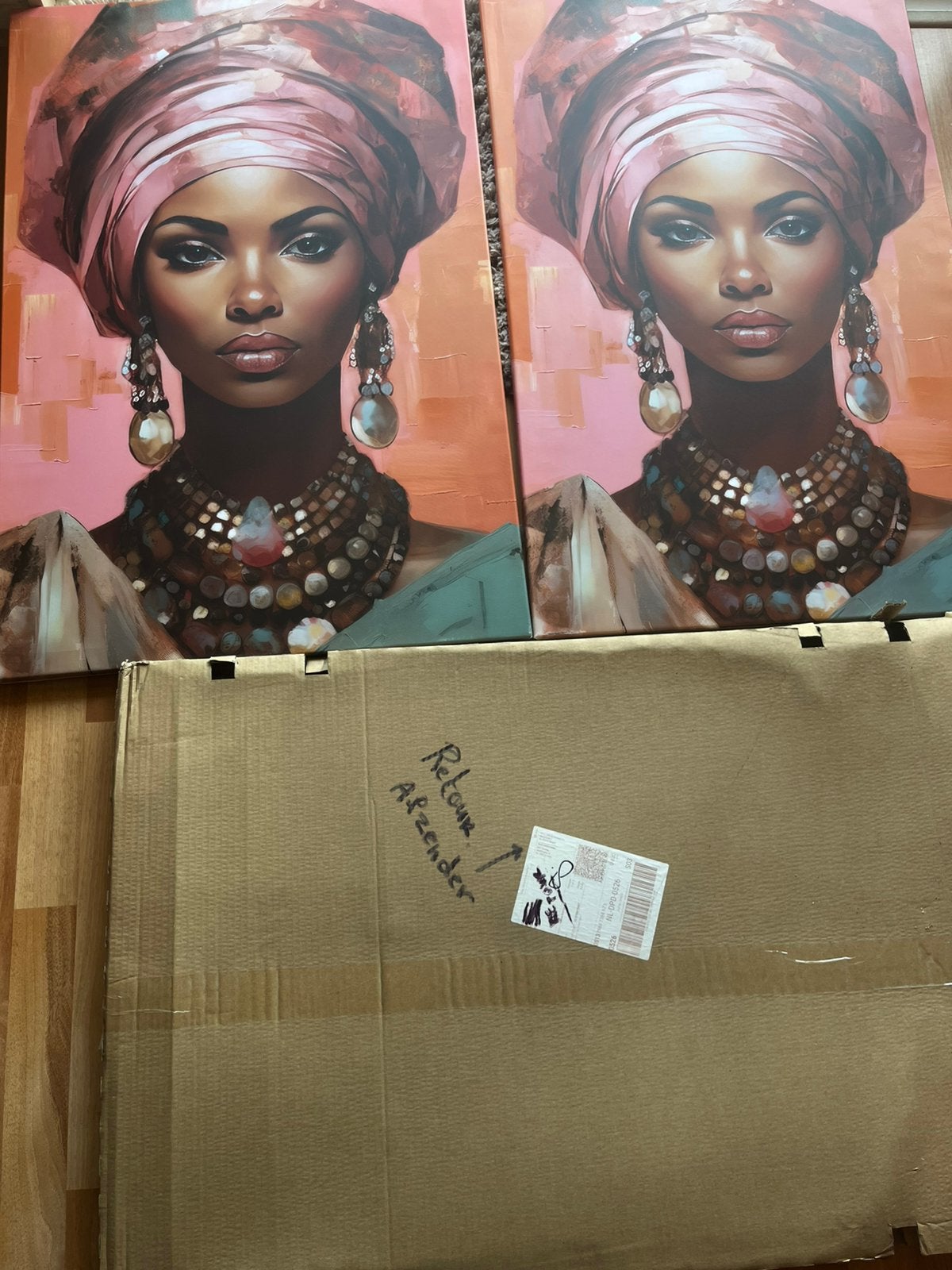 2x Portret Afrikaanse vrouw met sierraden van MuchoWow nieuw, Ophalen of Verzenden, Op houten frame, Gemengde techniek, Portret