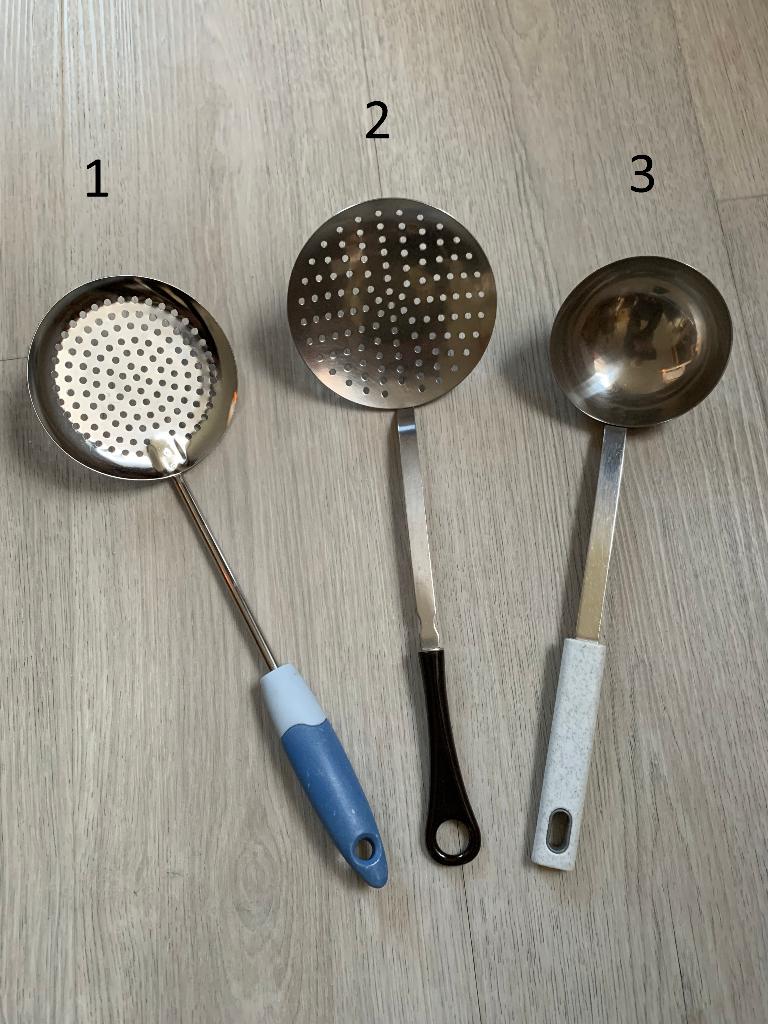 2 schuimspaan, 1 soeplepel, soep opscheplepel, lepel, sleef, Ophalen of Verzenden, Rvs of Chroom